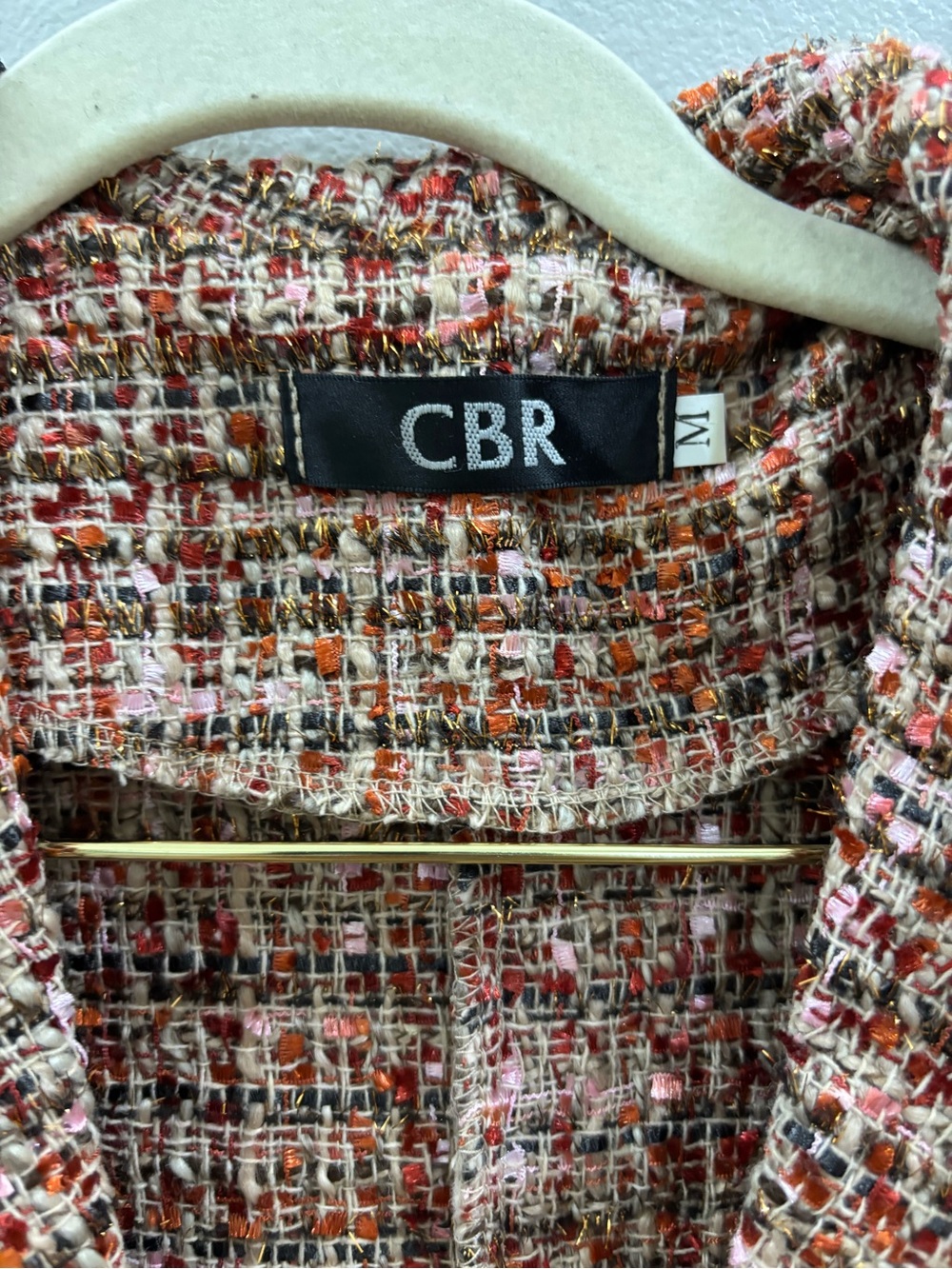 CBR Pink-Red Tweed Double-Breasted Blazer Jacket with Gold Buttons - Picture 3 of 5
